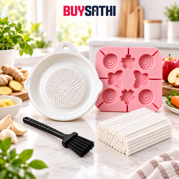 Ceramic Garlic Grater Plate with Brush & 8 Cavity Silicone Lollipop Mould with 100 Free Sticks, Ginger Garlic Turmeric Grater & DIY Candy Chocolate Ice Lollipop Making Mould Combo