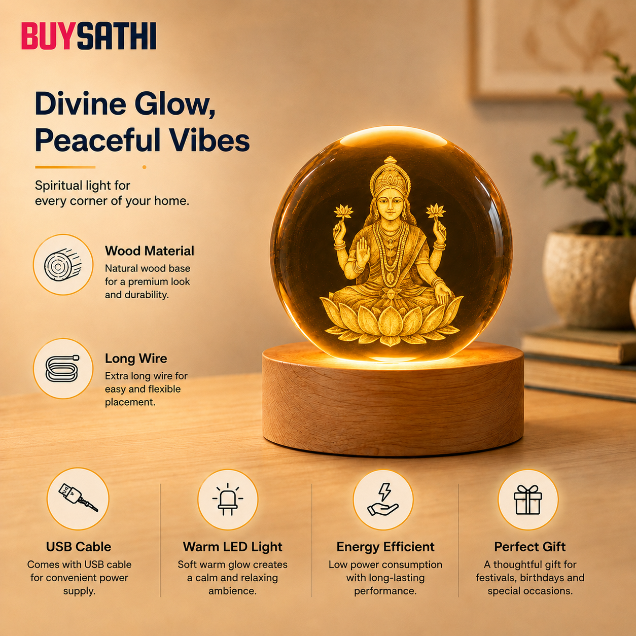 3D Laxmi Mata Crystal Ball Night Lamp, Laxmi Mata Idols Crystal Ball Night Light, USB Table Colorful LED Wooden Base Lamp for Home, Office, Temple, Birthday Gift