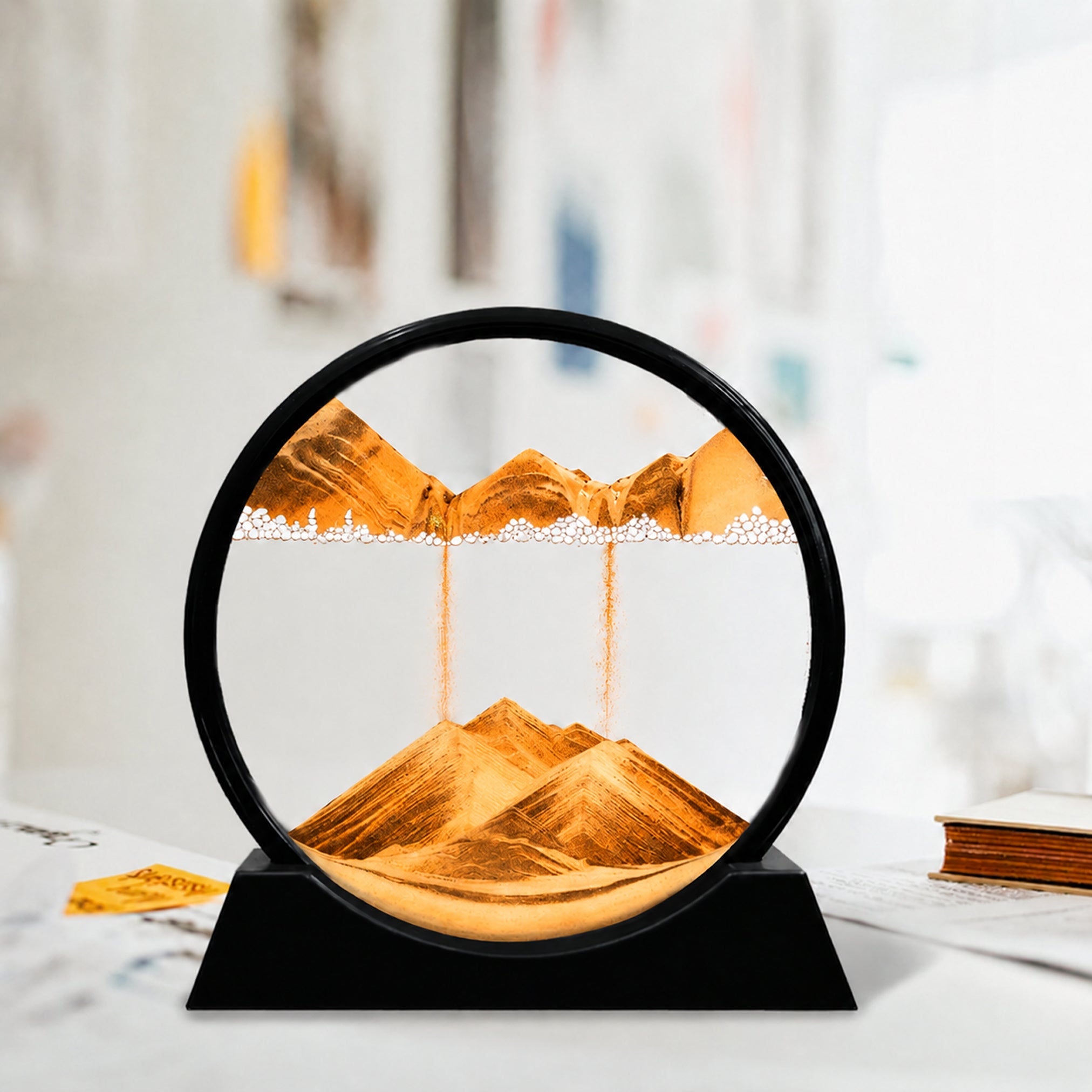 3D Moving Sand Art Picture Glass Liquid Painting Natural Landscape Showpieces for Home Decor, Antique Gifts for Kids, Office Desktop Decoration, Desk Table Decorative (7 Inch)
