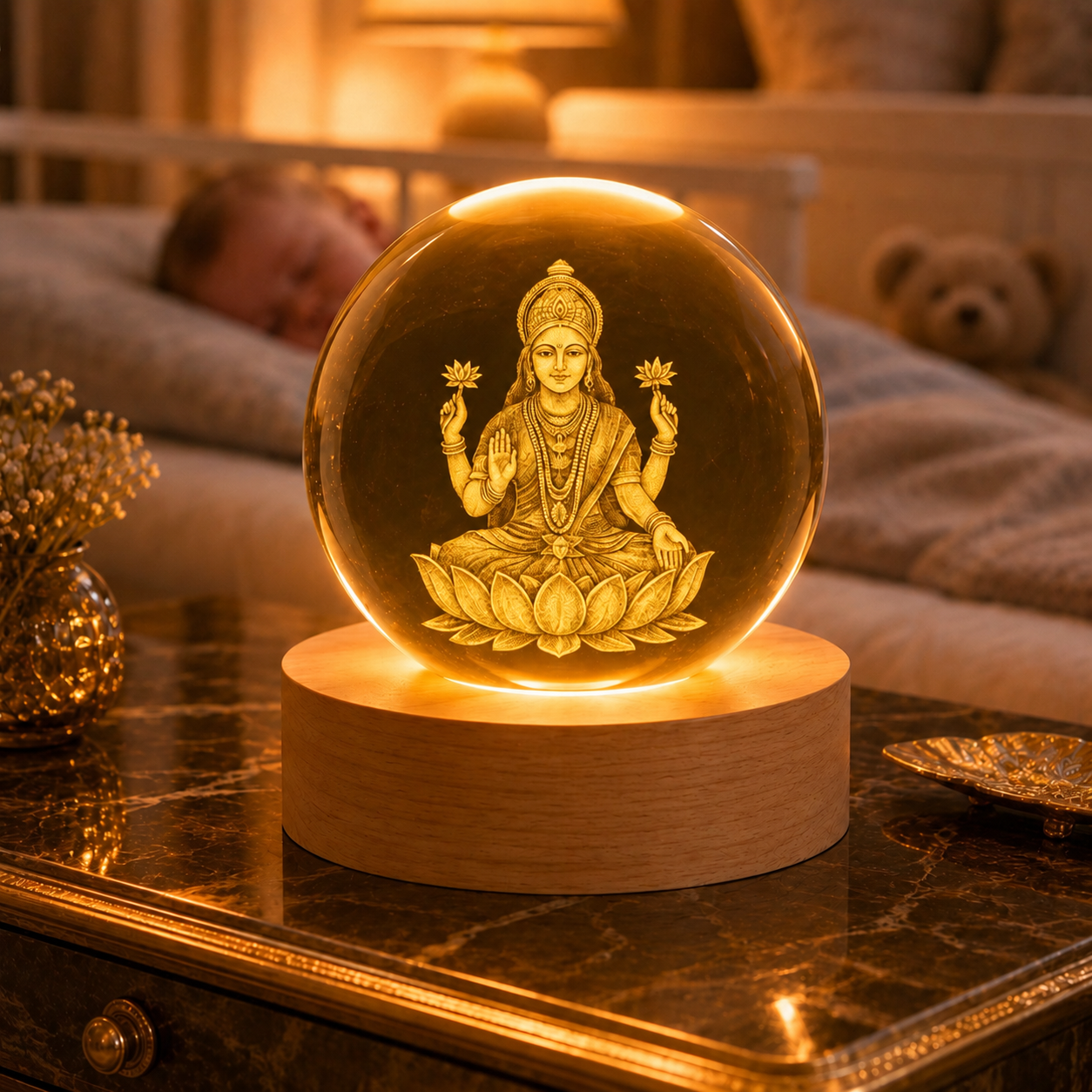 3D Laxmi Mata Crystal Ball Night Lamp, Laxmi Mata Idols Crystal Ball Night Light, USB Table Colorful LED Wooden Base Lamp for Home, Office, Temple, Birthday Gift