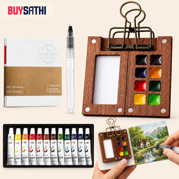 Pocket Watercolor Paint Set, 12 Colors Mini Travel Painting Kit with 8-Grid Palette, 58-Sheet/116 Page Sketchbook, Water Brush Pen and Binder Clip for Artists & Students