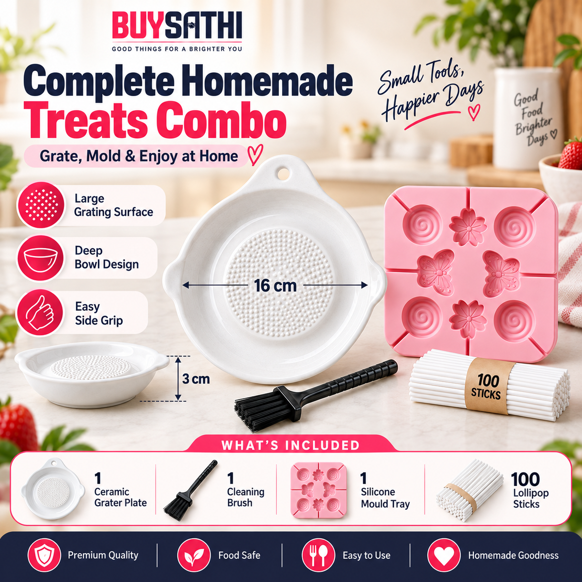Ceramic Garlic Grater Plate with Brush & 8 Cavity Silicone Lollipop Mould with 100 Free Sticks, Ginger Garlic Turmeric Grater & DIY Candy Chocolate Ice Lollipop Making Mould Combo