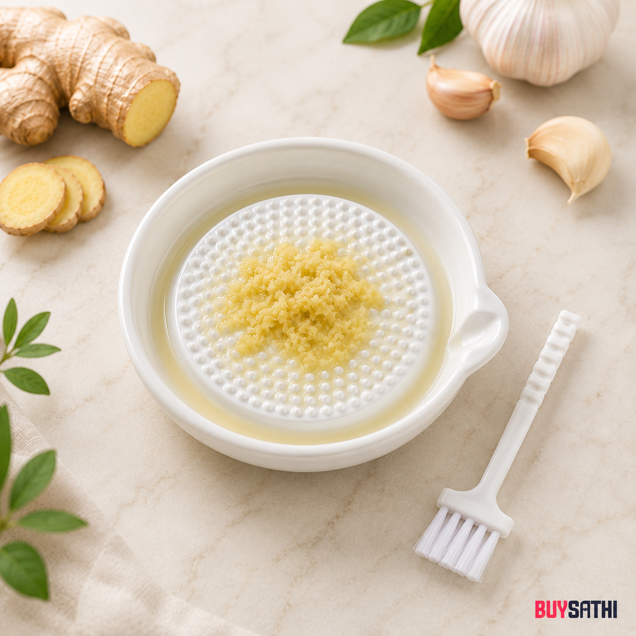 Ceramic Ginger Garlic Grater Plate with Brush Manual Crusher Grinder Tool for Ginger, Garlic, Turmeric, Nutmeg, Fruits & Vegetables Durable, Easy to Clean, Non-Slip Kitchen Utensil (4.7 Inch)