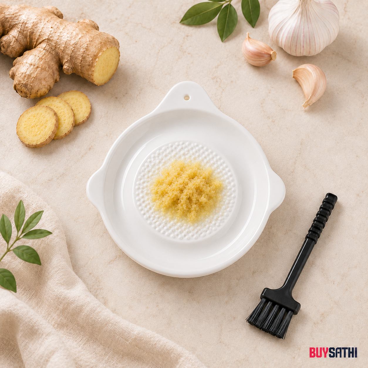 Ceramic Ginger Garlic Grater Plate with Brush Manual Crusher Grinder Tool for Ginger, Garlic, Turmeric, Nutmeg, Fruits & Vegetables Durable, Easy to Clean, Non-Slip Kitchen Utensil (6.3 Inch)