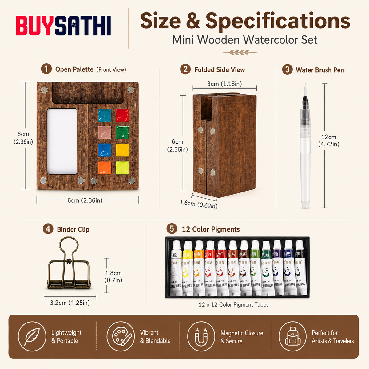 Pocket Watercolor Paint Set, 12 Colors Mini Travel Painting Kit with 8-Grid Palette, 58-Sheet/116 Page Sketchbook, Water Brush Pen and Binder Clip for Artists & Students