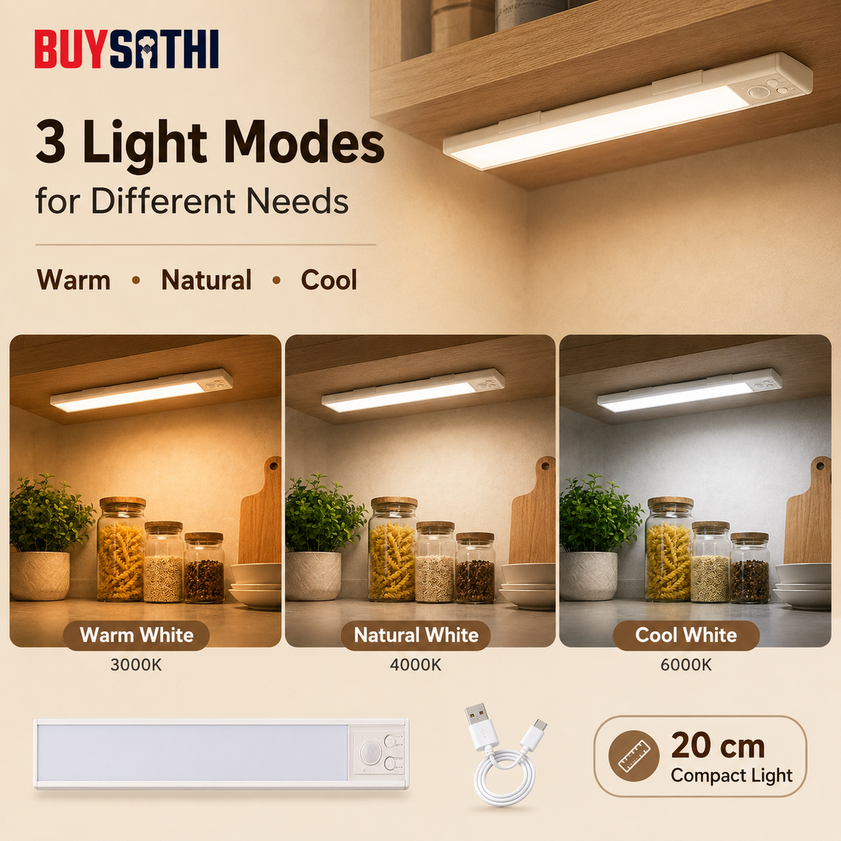 Under Cabinet Lights Rechargeable, Motion Sensor Under Cabinet LED Light, 3 Color Modes Wireless Rechargeable Closet Light, Super Bright Stick-On Light Bars for Kitchen (20 CM)