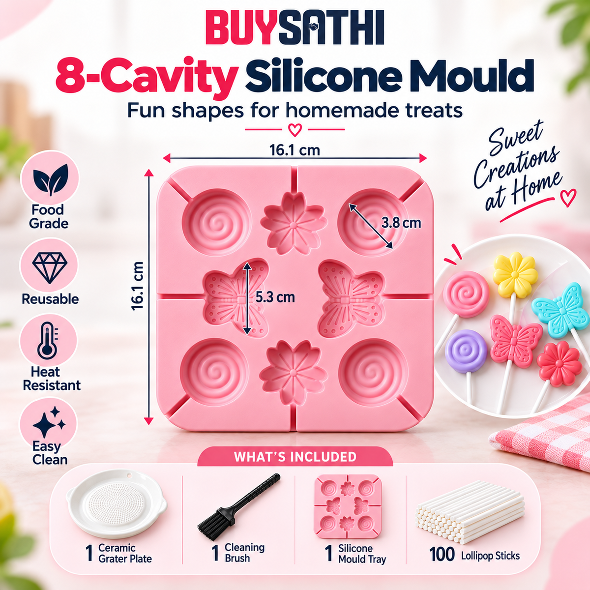 Ceramic Garlic Grater Plate with Brush & 8 Cavity Silicone Lollipop Mould with 100 Free Sticks, Ginger Garlic Turmeric Grater & DIY Candy Chocolate Ice Lollipop Making Mould Combo
