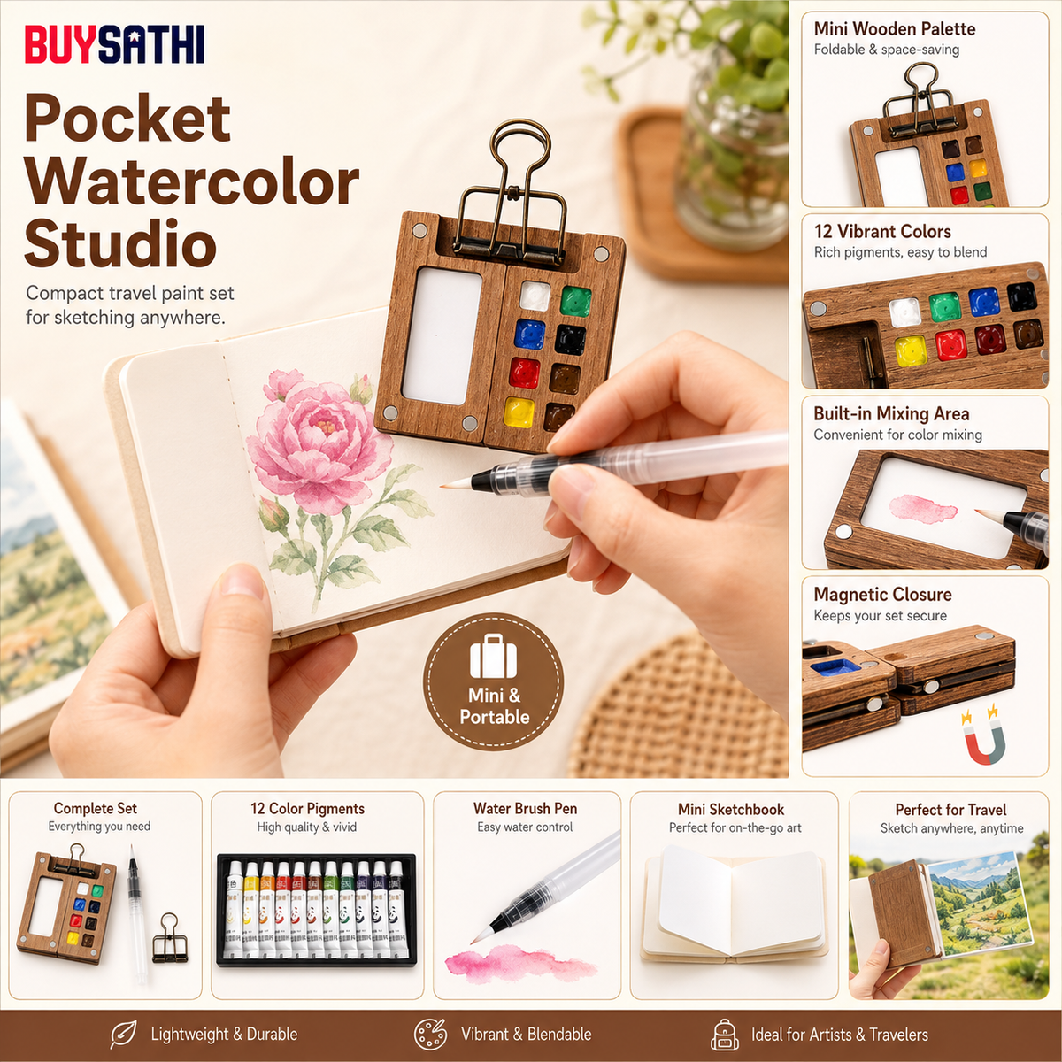 Pocket Watercolor Paint Set, 12 Colors Mini Travel Painting Kit with 8-Grid Palette, 58-Sheet/116 Page Sketchbook, Water Brush Pen and Binder Clip for Artists & Students