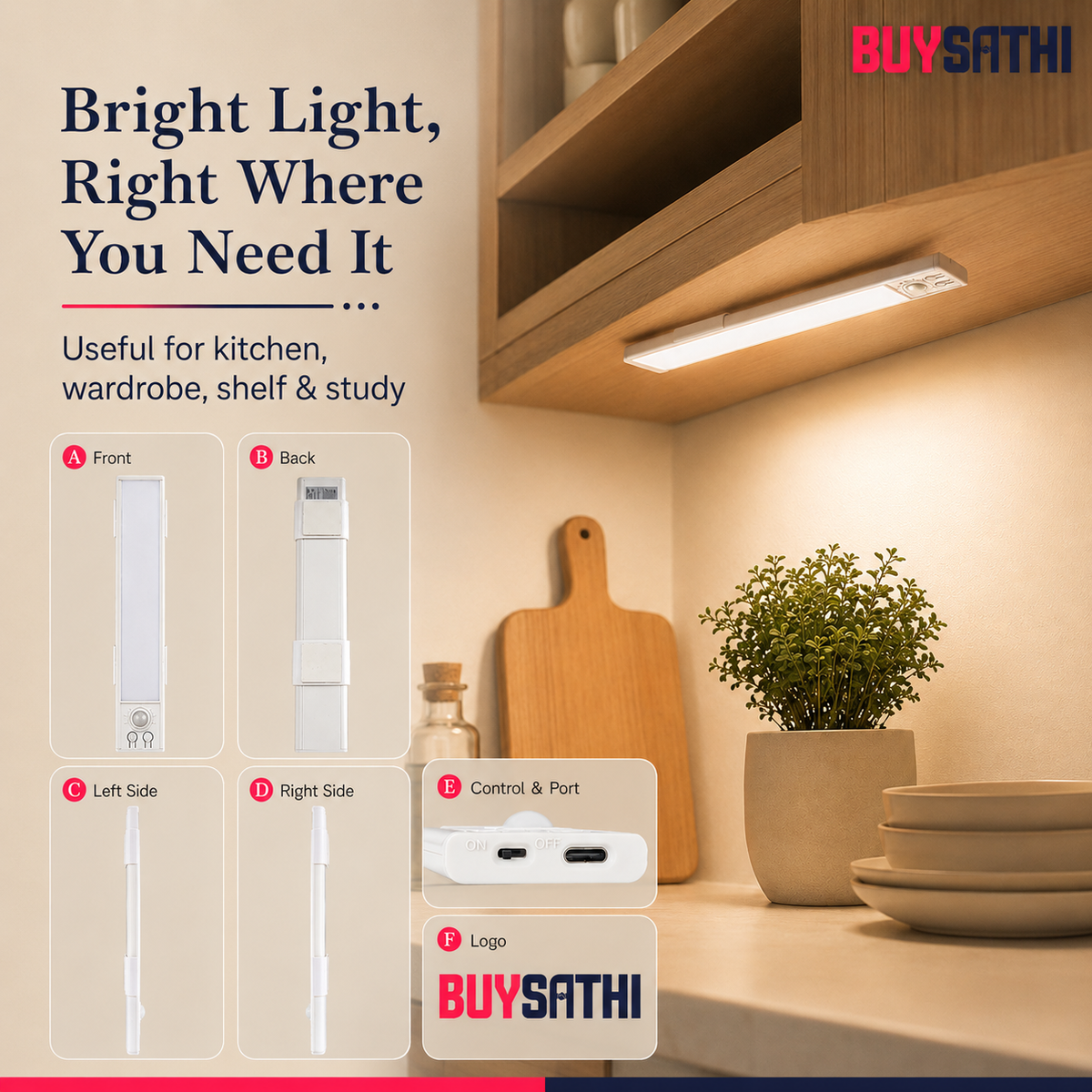 Under Cabinet Lights Rechargeable, Motion Sensor Under Cabinet LED Light, 3 Color Modes Wireless Rechargeable Closet Light, Super Bright Stick-On Light Bars for Kitchen (20 CM)