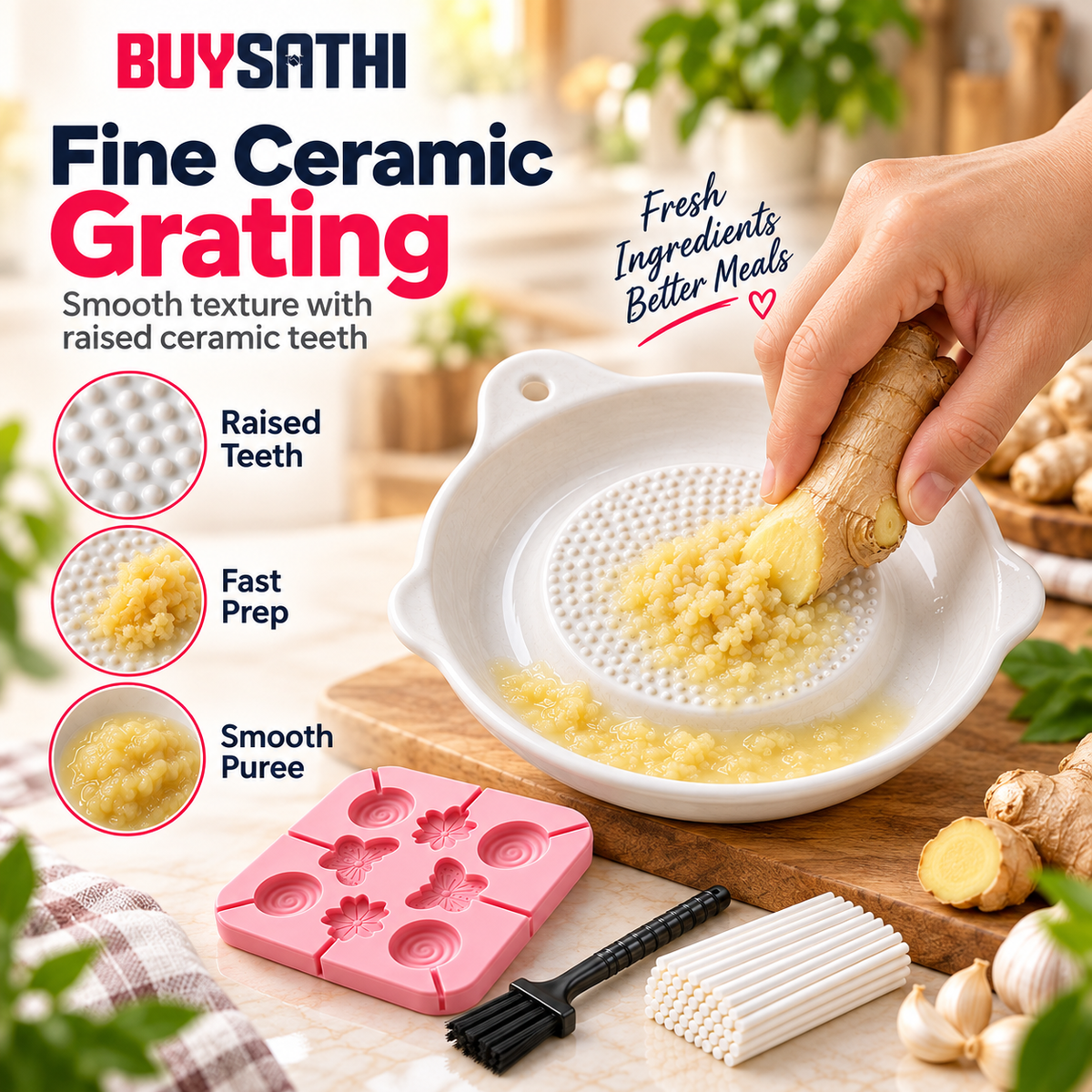 Ceramic Garlic Grater Plate with Brush & 8 Cavity Silicone Lollipop Mould with 100 Free Sticks, Ginger Garlic Turmeric Grater & DIY Candy Chocolate Ice Lollipop Making Mould Combo