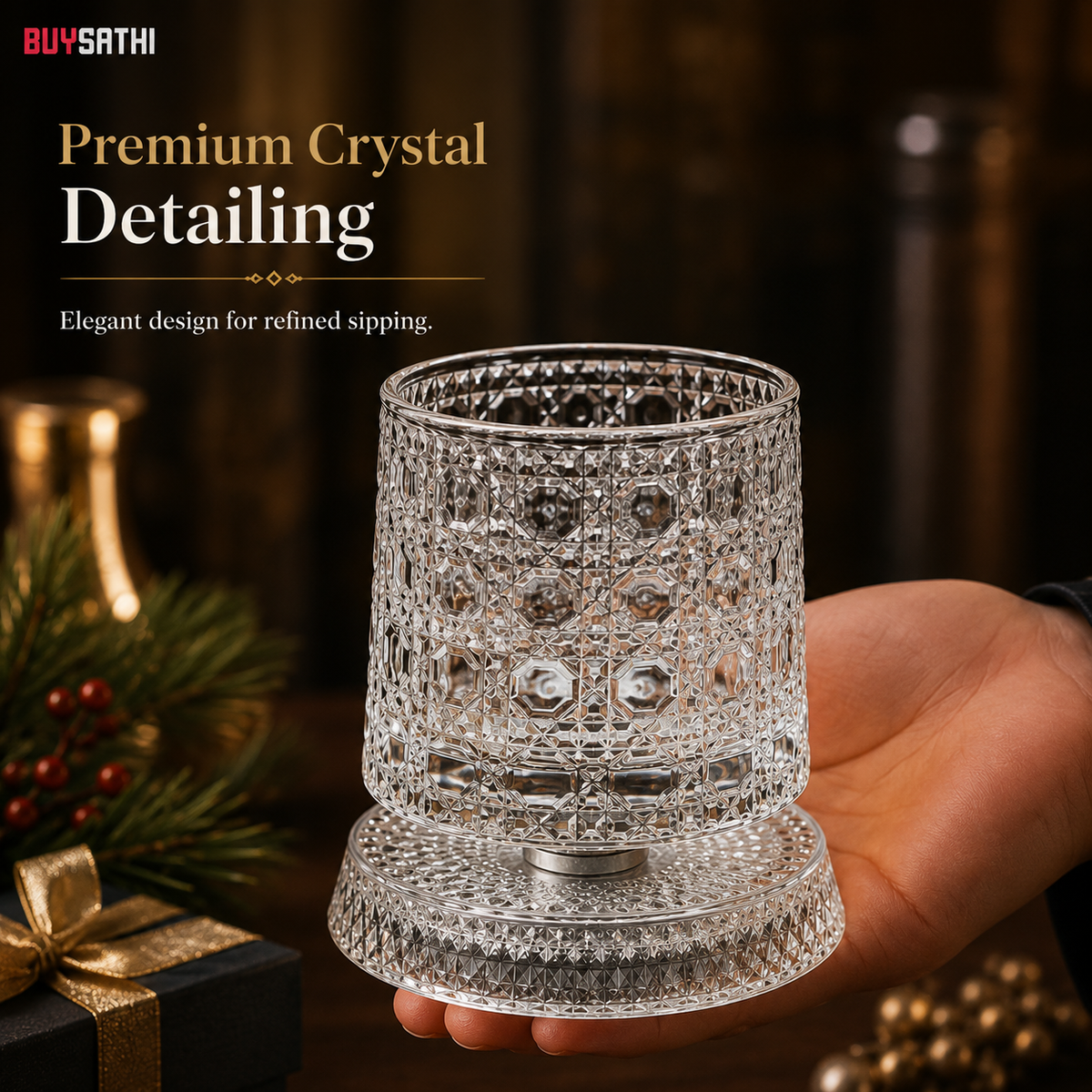 Luxury Rotating Whiskey Glass | Crystal Cut Spinning Whisky Glass with 360 Degree Rotating Coaster | Premium Barware Gift for Men & Whiskey Enthusiasts