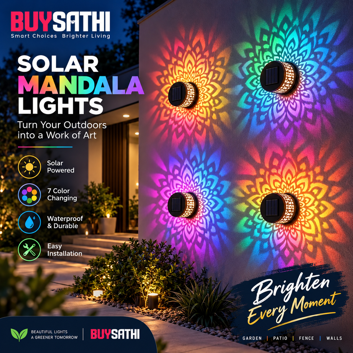 Solar Mandala Lights Outdoor Wall, 7 Color Changing Solar Projector Light, Waterproof Metal Decorative Light for Garden Fence Patio Backyard