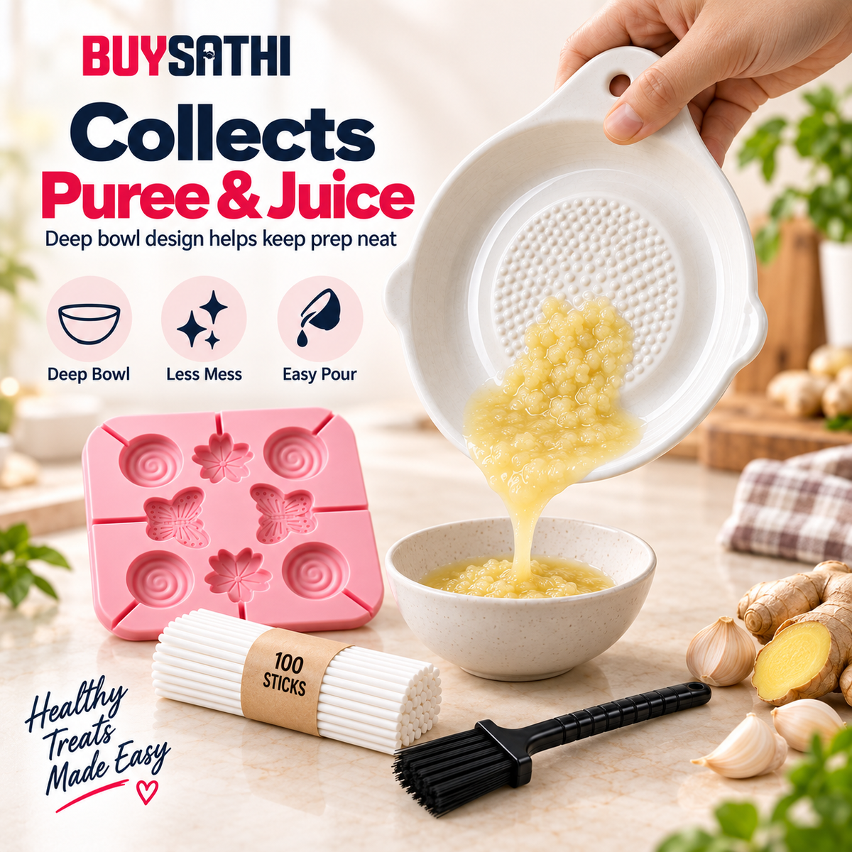 Ceramic Garlic Grater Plate with Brush & 8 Cavity Silicone Lollipop Mould with 100 Free Sticks, Ginger Garlic Turmeric Grater & DIY Candy Chocolate Ice Lollipop Making Mould Combo