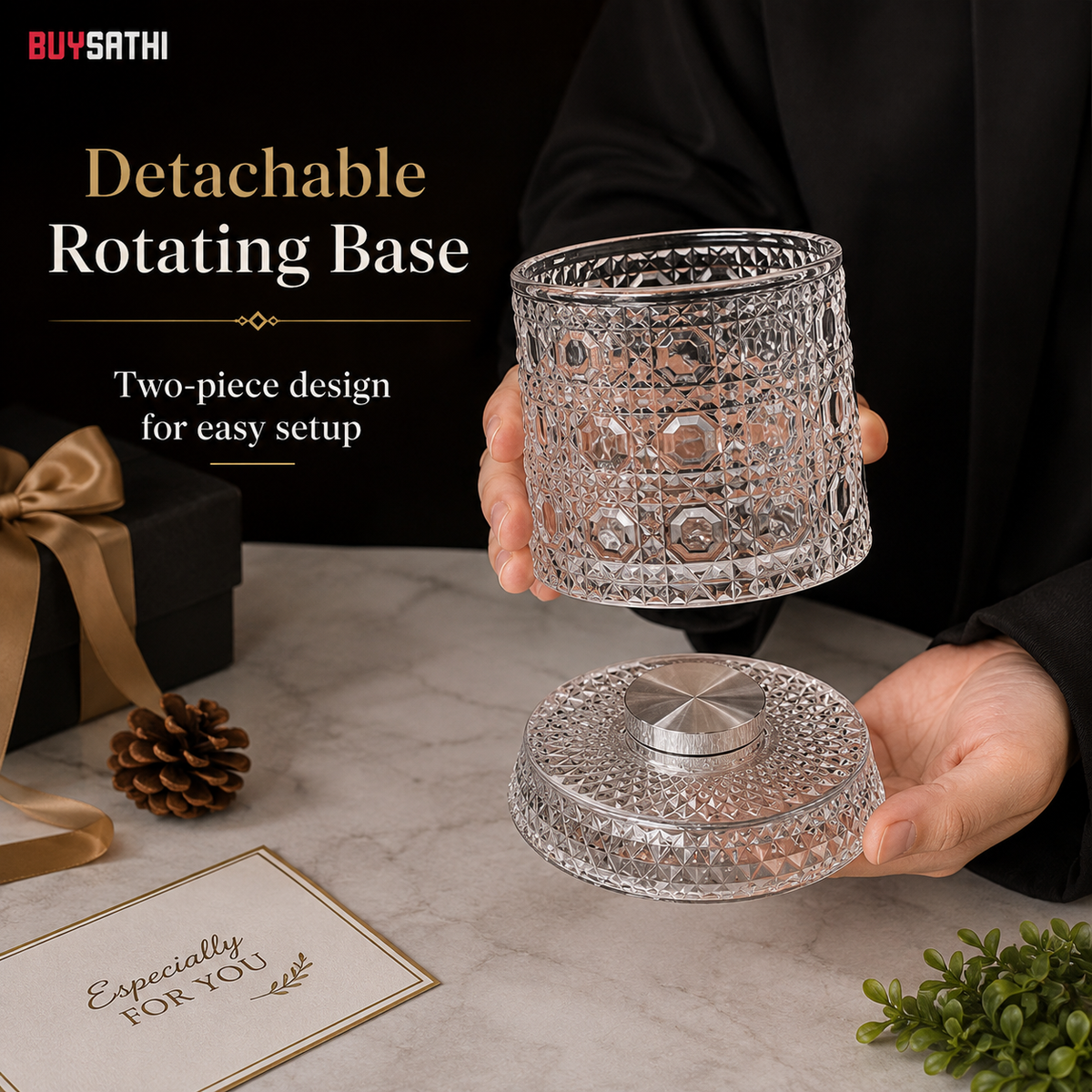 Luxury Rotating Whiskey Glass | Crystal Cut Spinning Whisky Glass with 360 Degree Rotating Coaster | Premium Barware Gift for Men & Whiskey Enthusiasts