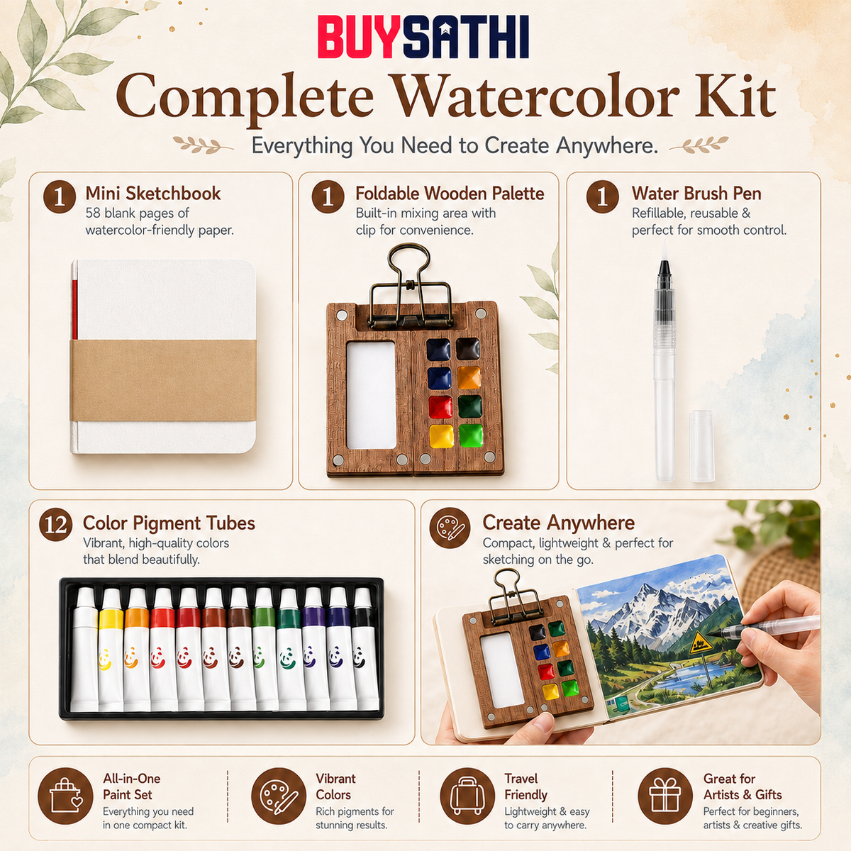Pocket Watercolor Paint Set, 12 Colors Mini Travel Painting Kit with 8-Grid Palette, 58-Sheet/116 Page Sketchbook, Water Brush Pen and Binder Clip for Artists & Students