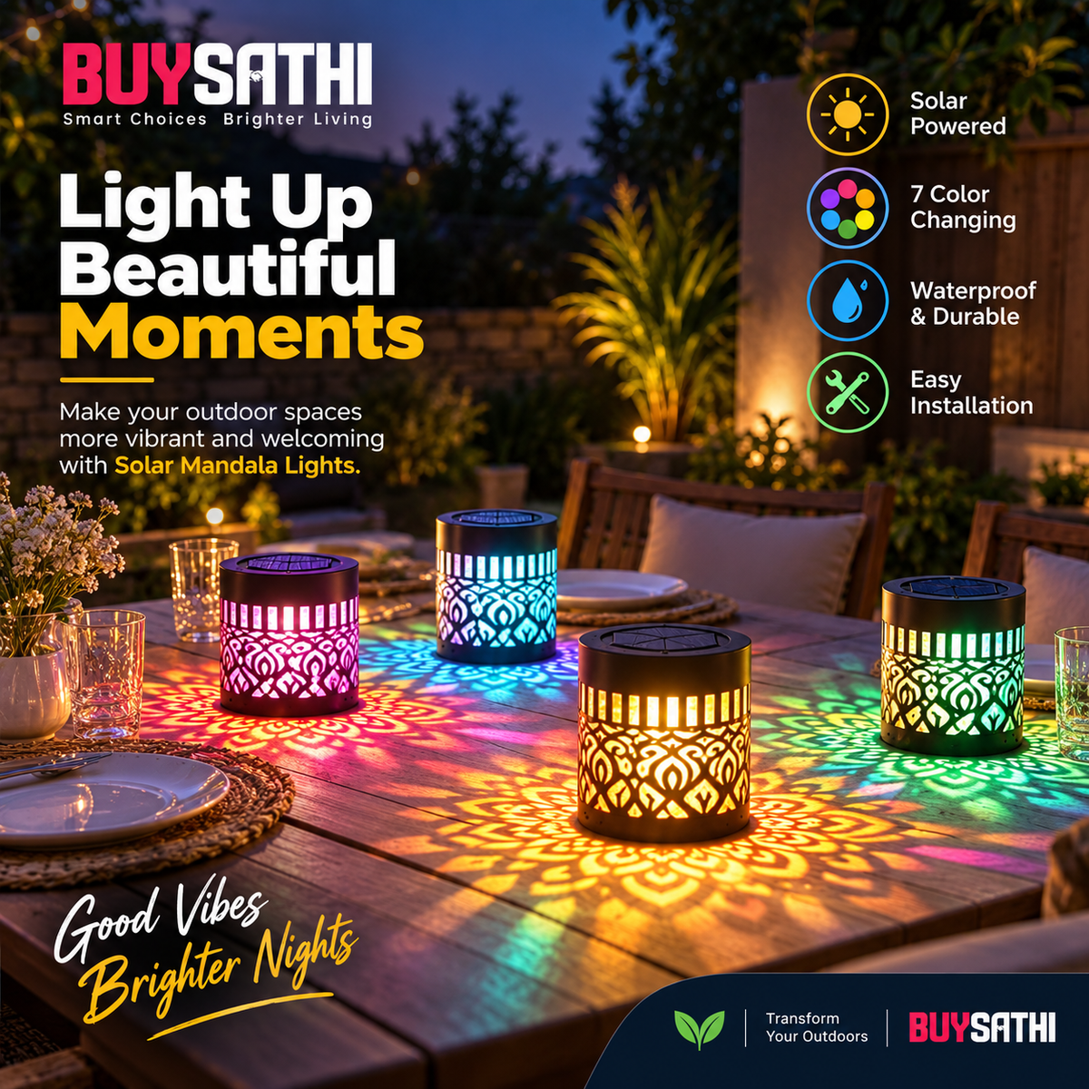 Solar Mandala Lights Outdoor Wall, 7 Color Changing Solar Projector Light, Waterproof Metal Decorative Light for Garden Fence Patio Backyard