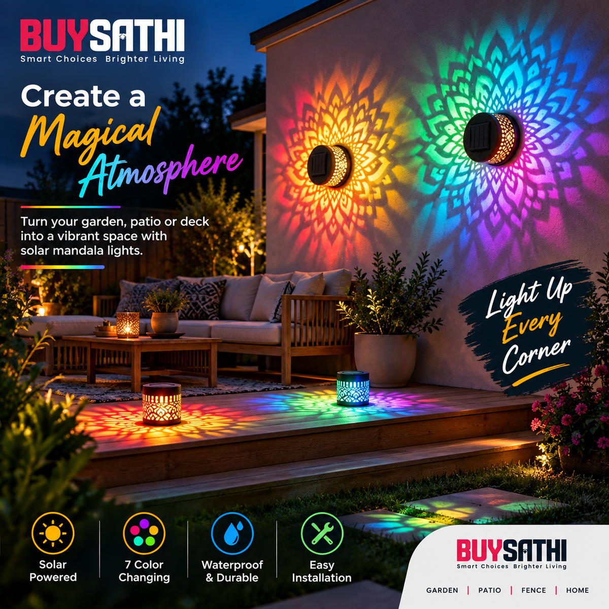 Solar Mandala Lights Outdoor Wall, 7 Color Changing Solar Projector Light, Waterproof Metal Decorative Light for Garden Fence Patio Backyard