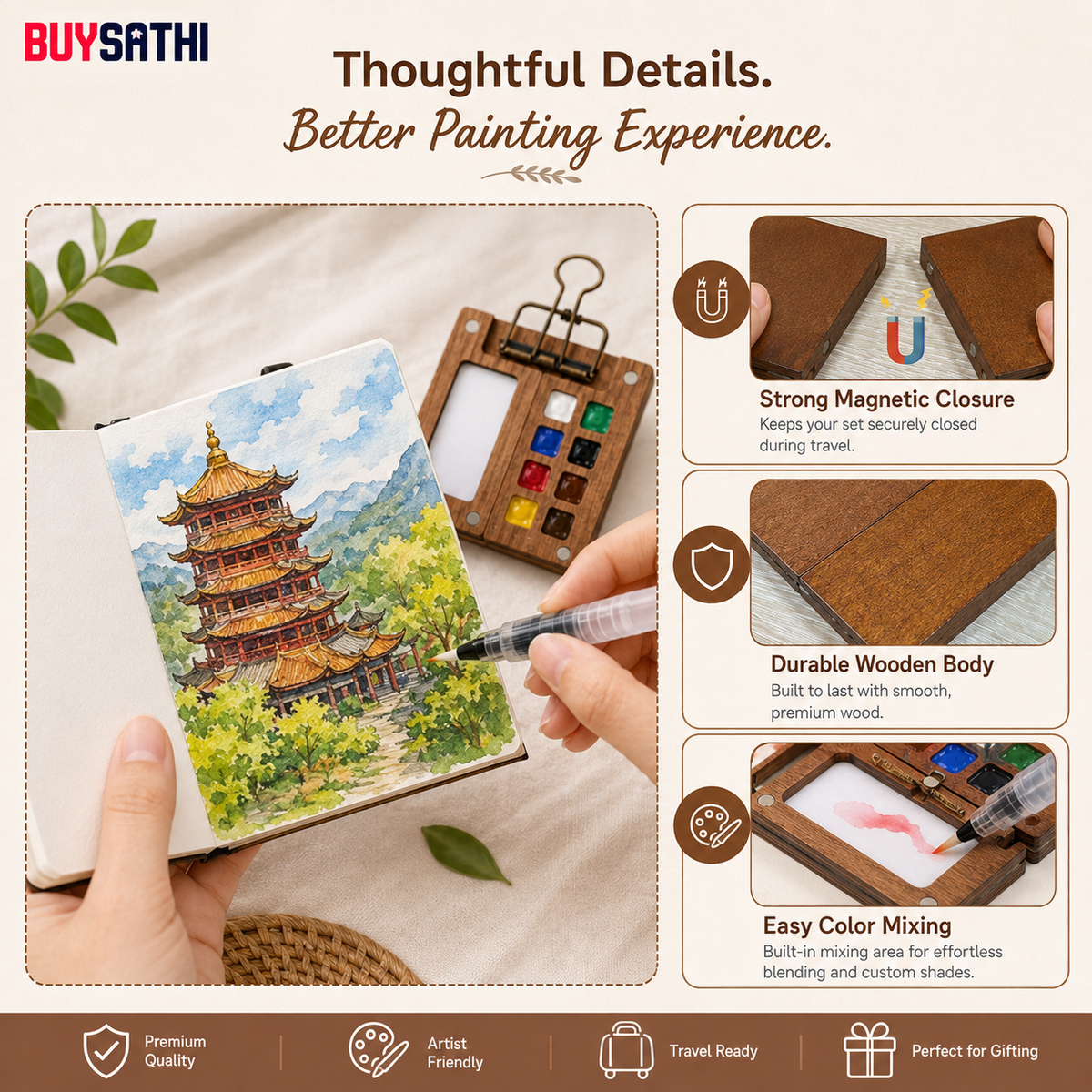 Pocket Watercolor Paint Set, 12 Colors Mini Travel Painting Kit with 8-Grid Palette, 58-Sheet/116 Page Sketchbook, Water Brush Pen and Binder Clip for Artists & Students