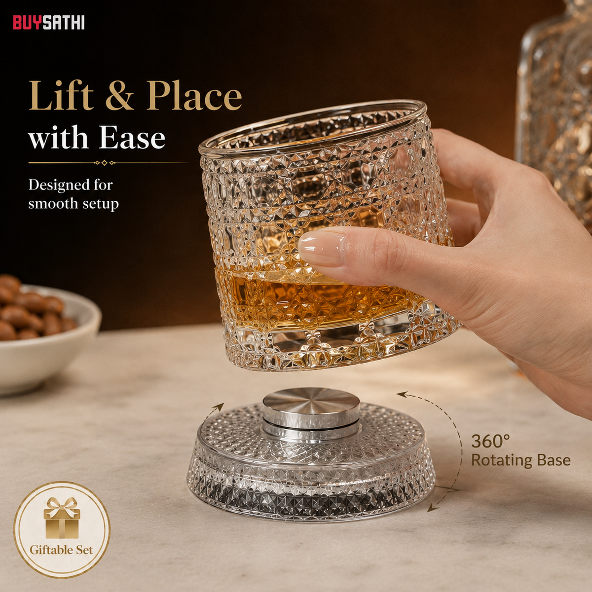 Luxury Rotating Whiskey Glass | Crystal Cut Spinning Whisky Glass with 360 Degree Rotating Coaster | Premium Barware Gift for Men & Whiskey Enthusiasts