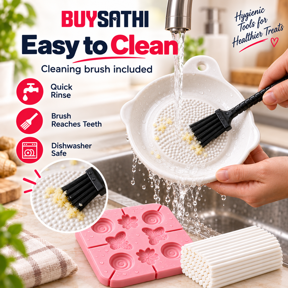 Ceramic Garlic Grater Plate with Brush & 8 Cavity Silicone Lollipop Mould with 100 Free Sticks, Ginger Garlic Turmeric Grater & DIY Candy Chocolate Ice Lollipop Making Mould Combo