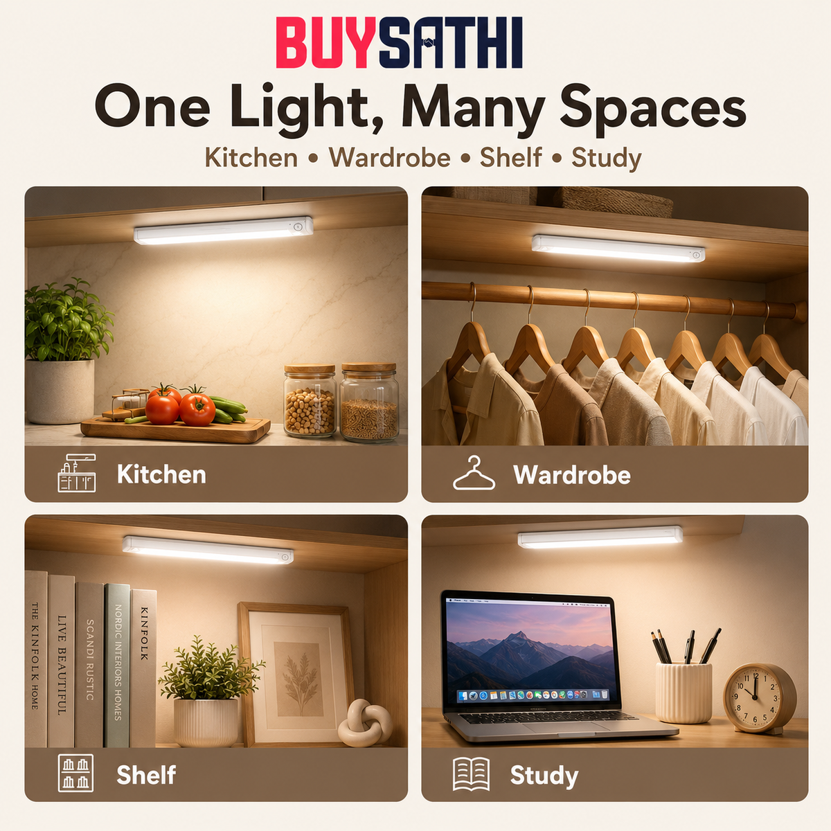 Under Cabinet Lights Rechargeable, Motion Sensor Under Cabinet LED Light, 3 Color Modes Wireless Rechargeable Closet Light, Super Bright Stick-On Light Bars for Kitchen (20 CM)