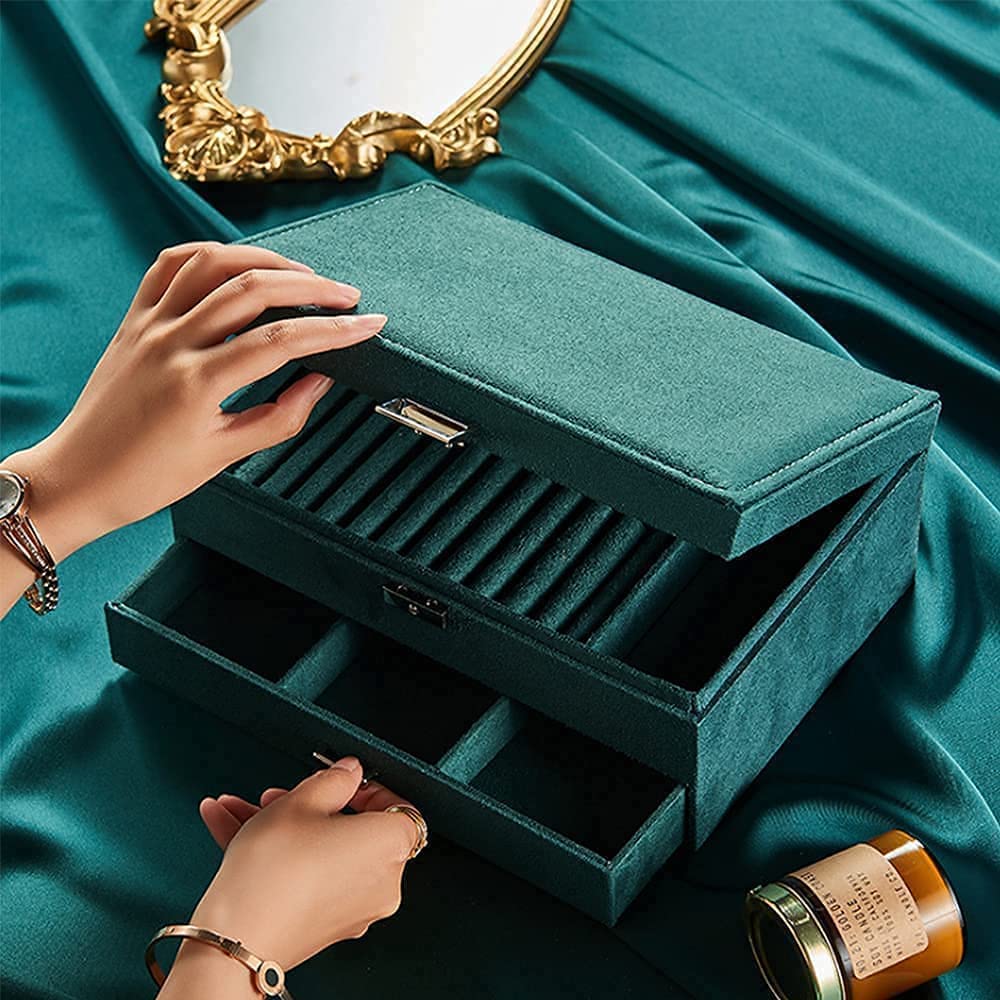 Large Jewellery Organiser with Drawer 3-Layer Velvet Jewellery Boxes/Jewellery Storage Case with Lock for Rings, Necklace And Earrings/Wedding Birthday Gift Box for Women