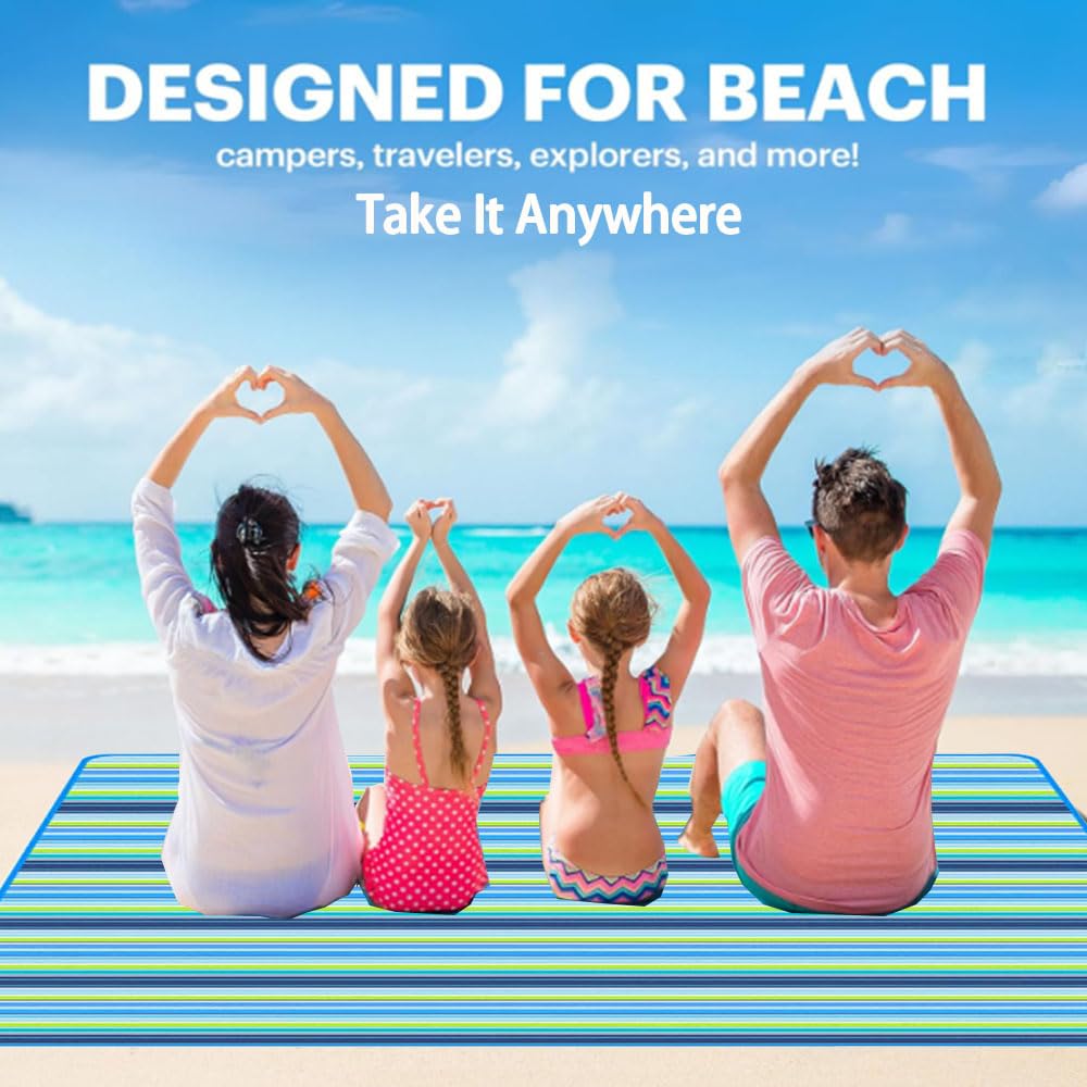Beach Blanket Outdoor Picnic Blankets Mat 80" x 60" Extra Large Waterproof Sand Proof Camping Blanket Lightweight Folding Portable Travel Blanket for Family Park Beach Grass (Blue Line)