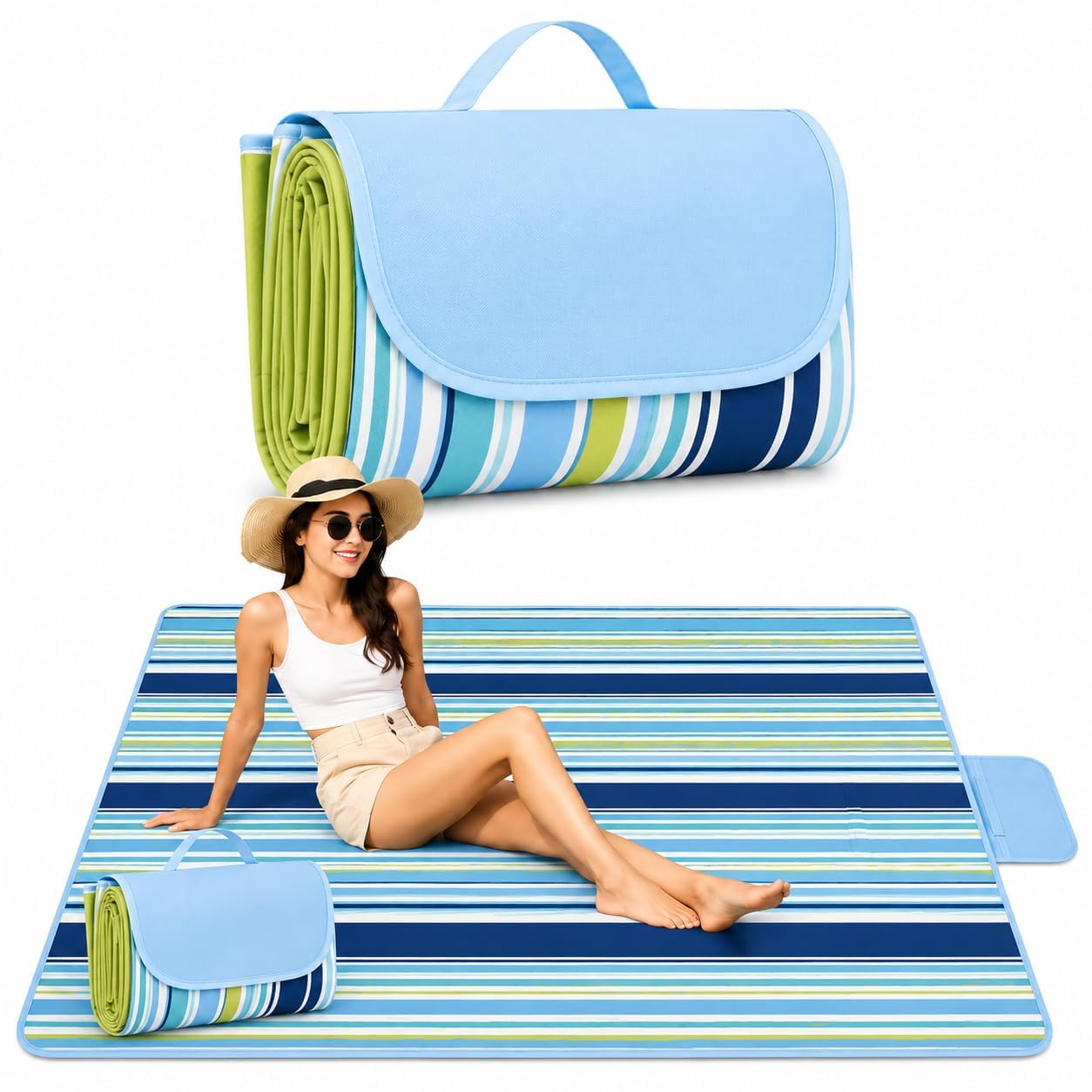 Beach Blanket Outdoor Picnic Blankets Mat 80" x 60" Extra Large Waterproof Sand Proof Camping Blanket Lightweight Folding Portable Travel Blanket for Family Park Beach Grass (Blue Line)