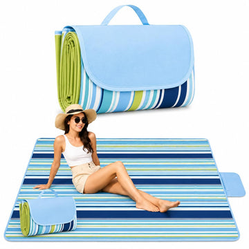 Beach Blanket Outdoor Picnic Blankets Mat 80" x 60" Extra Large Waterproof Sand Proof Camping Blanket Lightweight Folding Portable Travel Blanket for Family Park Beach Grass (Blue Line)