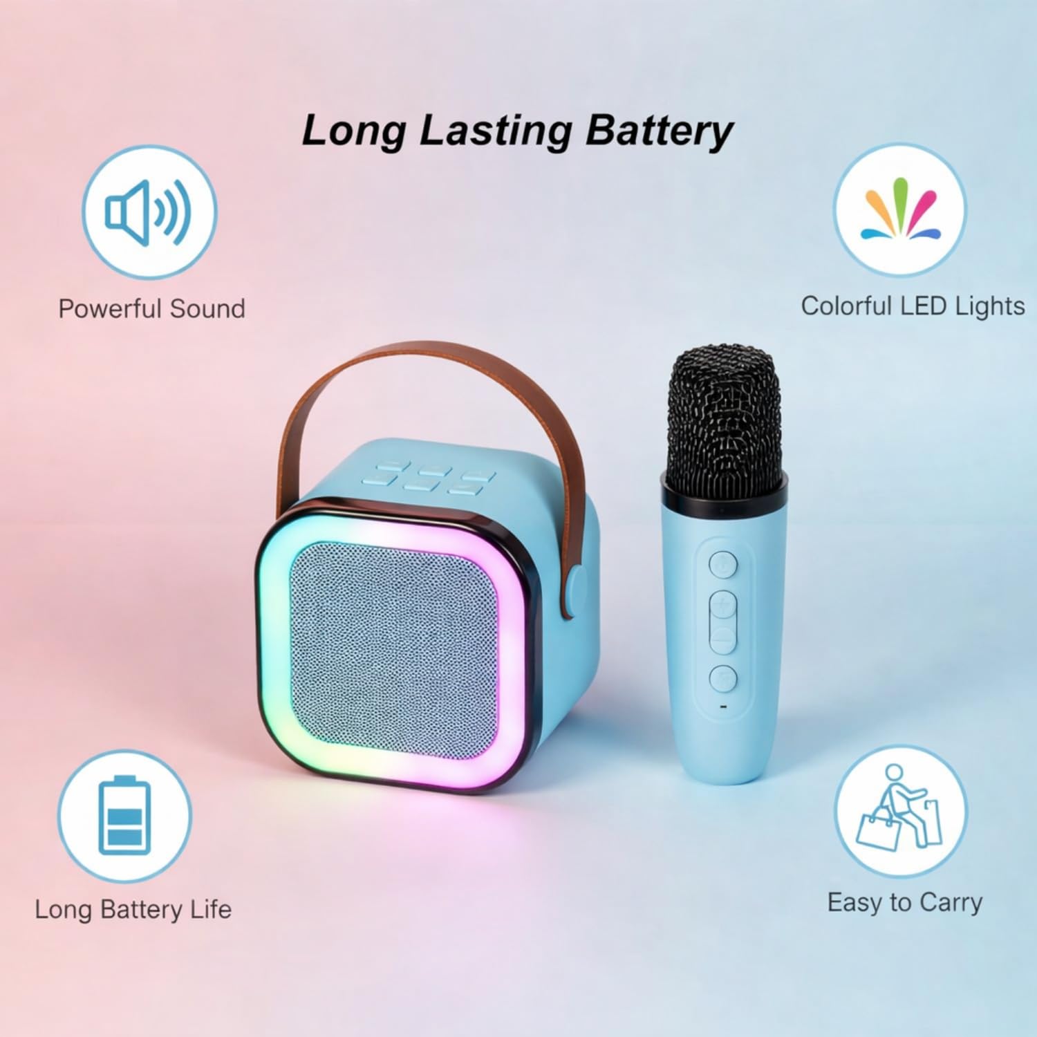 ortable Bluetooth Speaker 10W with Wireless Karaoke Mic, Bluetooth 5.1, 8H Playtime, 5 Voice Change Effects, RGB LED Lights, TF Card Support, Type-C Charging, Mini Wireless Speaker