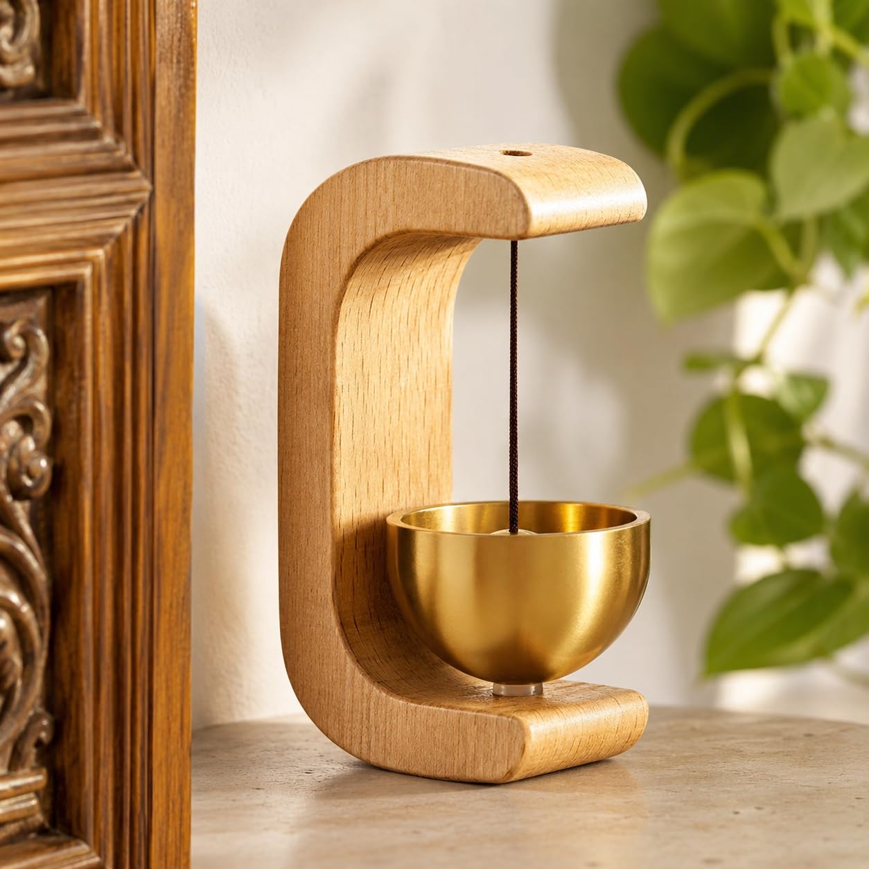 Premium Wooden Brass Bell Chime, Decorative Door Bell with Stand, Handmade Musical Centrepiece