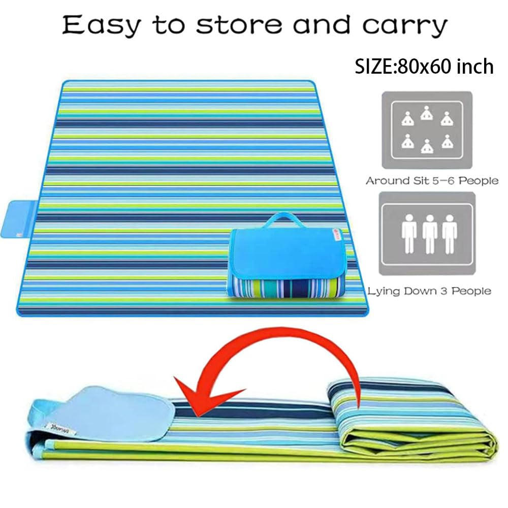 Beach Blanket Outdoor Picnic Blankets Mat 80" x 60" Extra Large Waterproof Sand Proof Camping Blanket Lightweight Folding Portable Travel Blanket for Family Park Beach Grass (Blue Line)