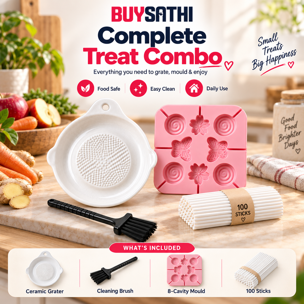 Ceramic Garlic Grater Plate with Brush & 8 Cavity Silicone Lollipop Mould with 100 Free Sticks, Ginger Garlic Turmeric Grater & DIY Candy Chocolate Ice Lollipop Making Mould Combo