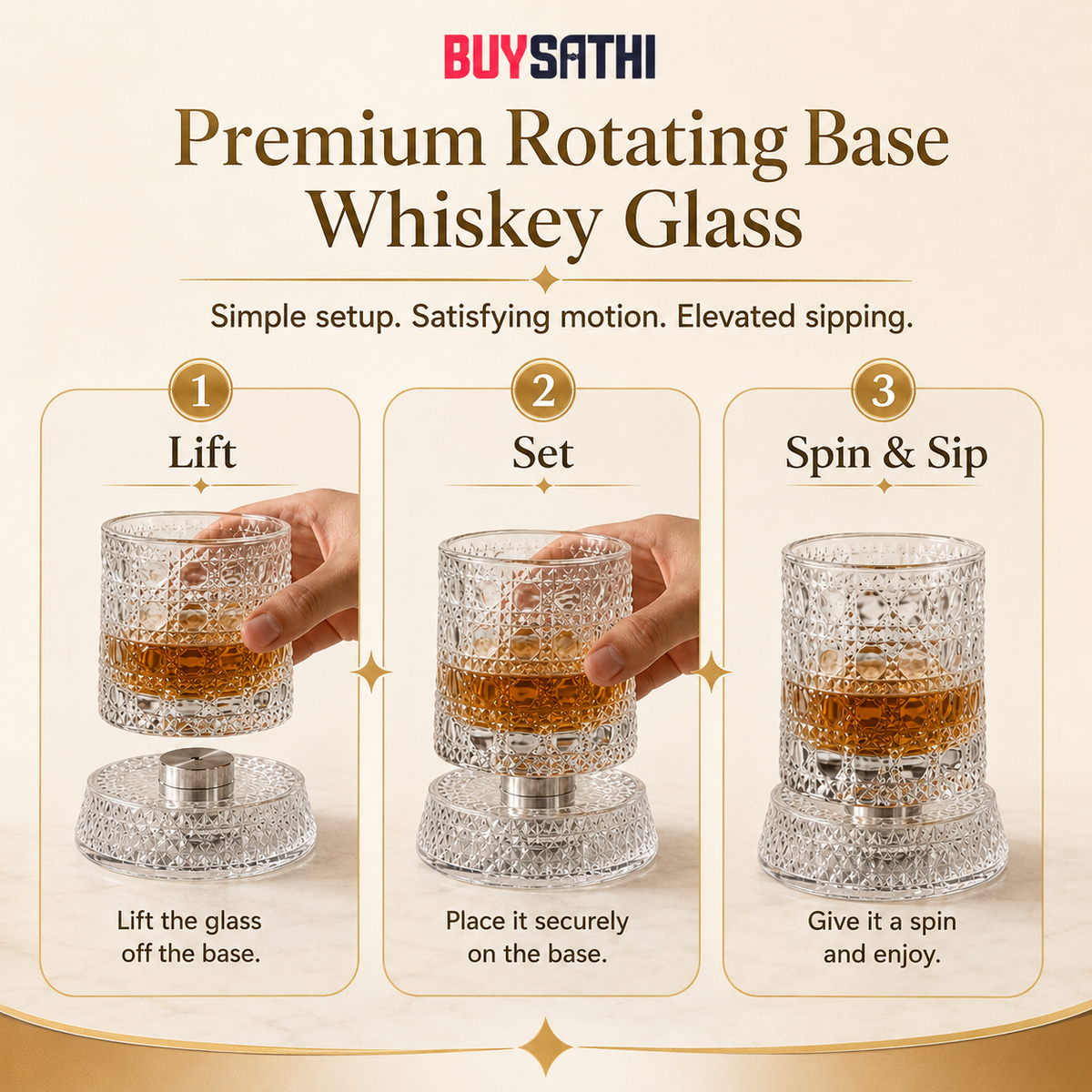 Luxury Rotating Whiskey Glass | Crystal Cut Spinning Whisky Glass with 360 Degree Rotating Coaster | Premium Barware Gift for Men & Whiskey Enthusiasts