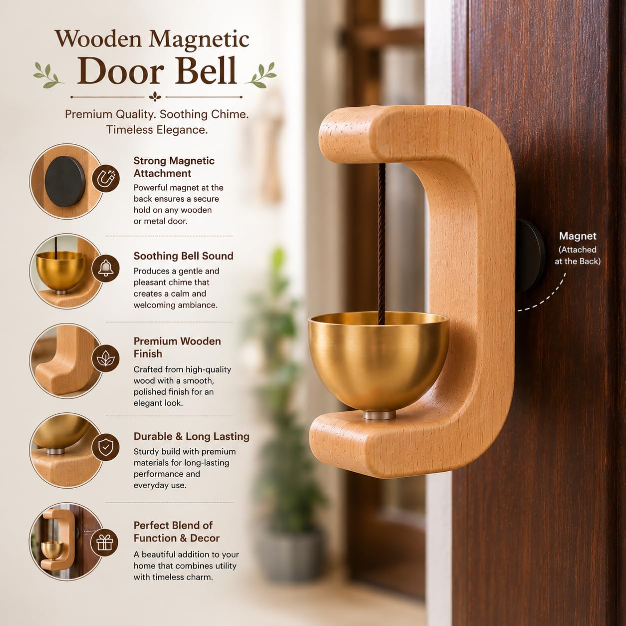 Premium Wooden Brass Bell Chime, Decorative Door Bell with Stand, Handmade Musical Centrepiece