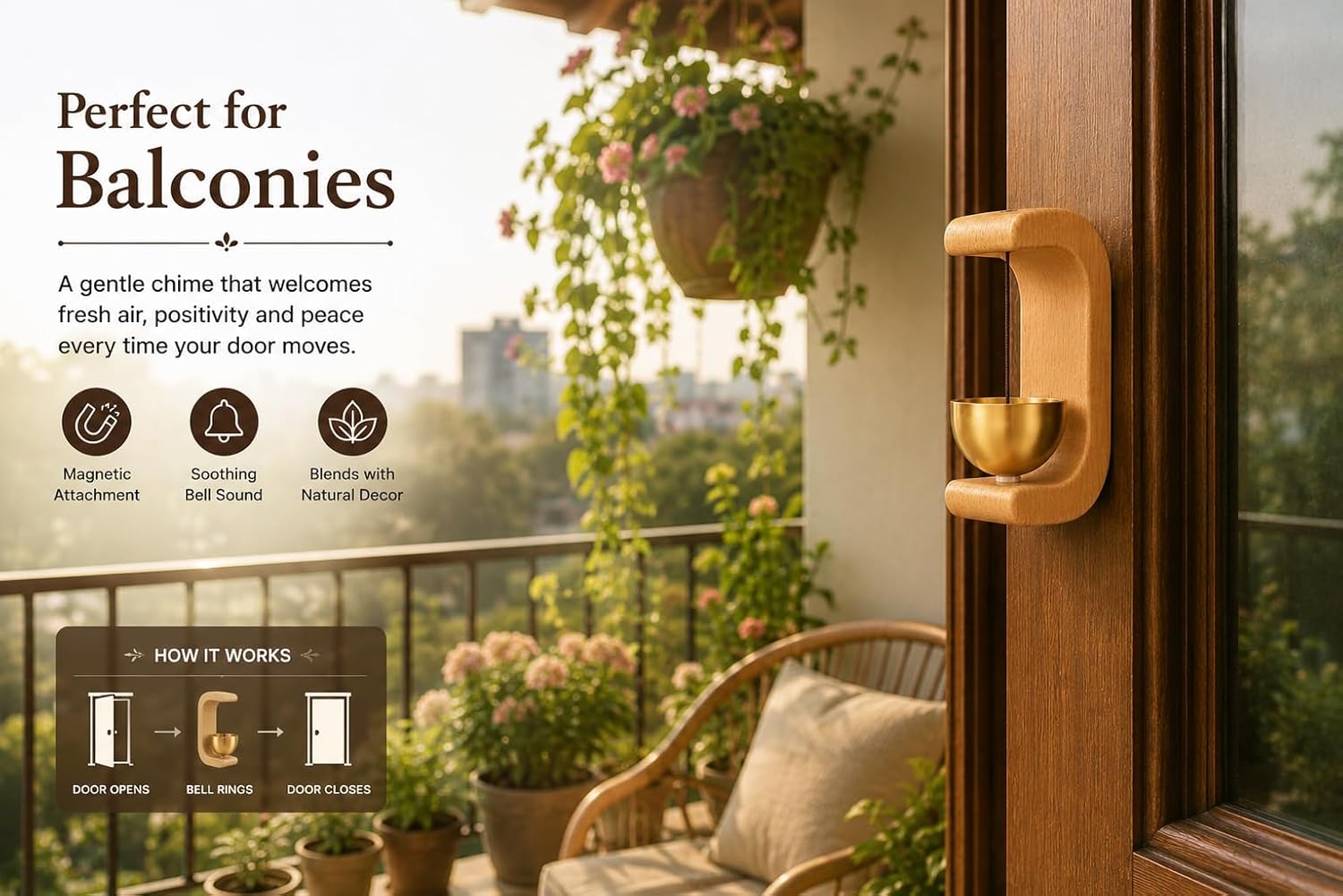 Premium Wooden Brass Bell Chime, Decorative Door Bell with Stand, Handmade Musical Centrepiece