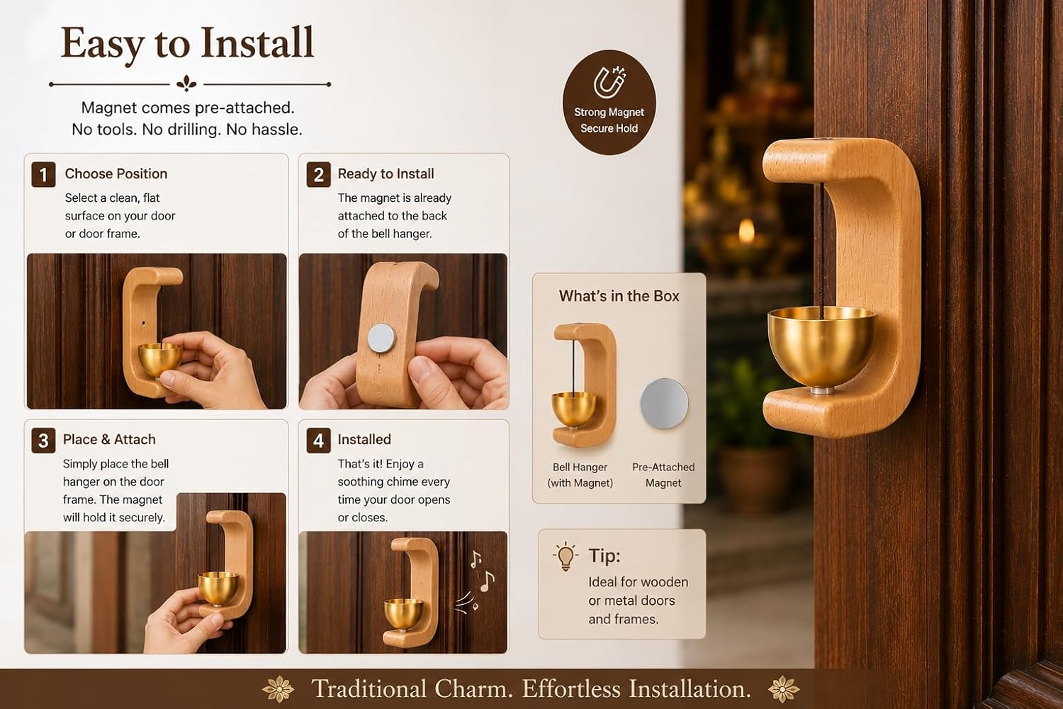 Premium Wooden Brass Bell Chime, Decorative Door Bell with Stand, Handmade Musical Centrepiece