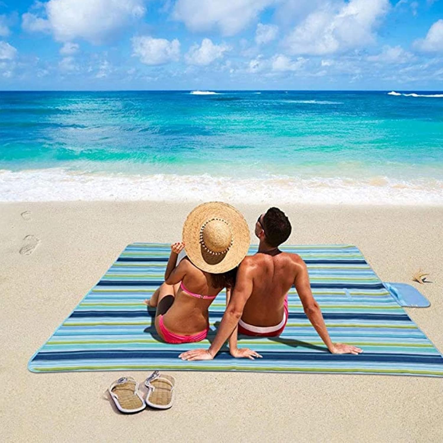 Beach Blanket Outdoor Picnic Blankets Mat 80" x 60" Extra Large Waterproof Sand Proof Camping Blanket Lightweight Folding Portable Travel Blanket for Family Park Beach Grass (Blue Line)