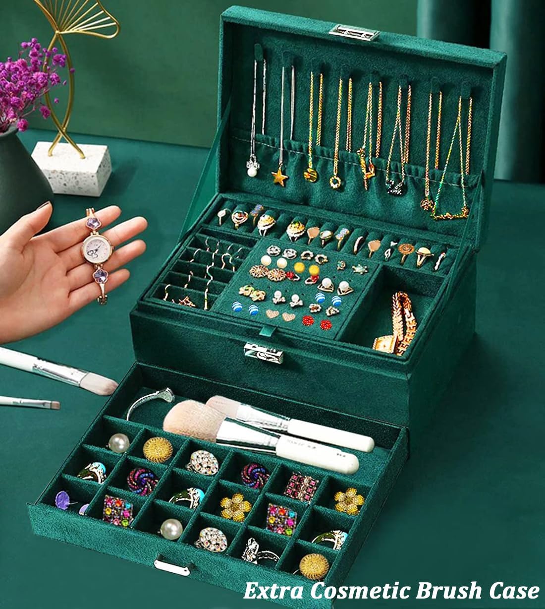 Large Jewellery Organiser with Drawer 3-Layer Velvet Jewellery Boxes/Jewellery Storage Case with Lock for Rings, Necklace And Earrings/Wedding Birthday Gift Box for Women