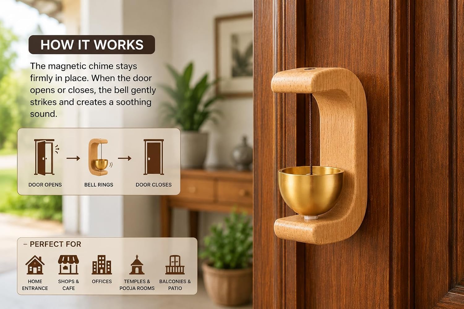 Premium Wooden Brass Bell Chime, Decorative Door Bell with Stand, Handmade Musical Centrepiece