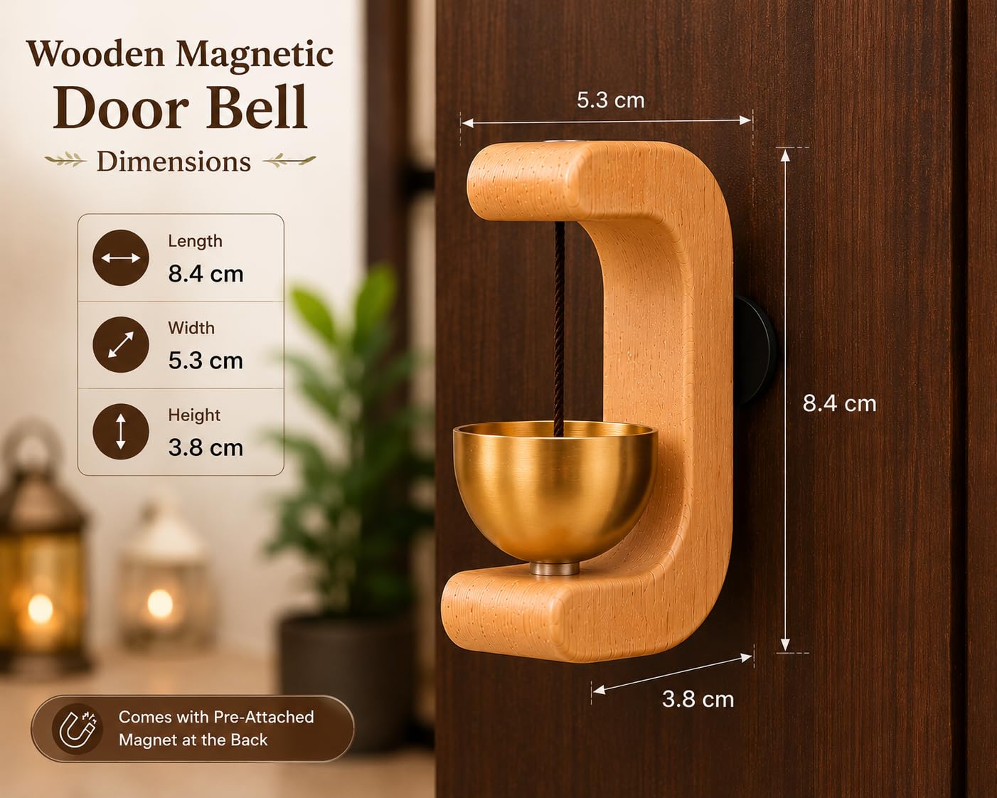 Premium Wooden Brass Bell Chime, Decorative Door Bell with Stand, Handmade Musical Centrepiece
