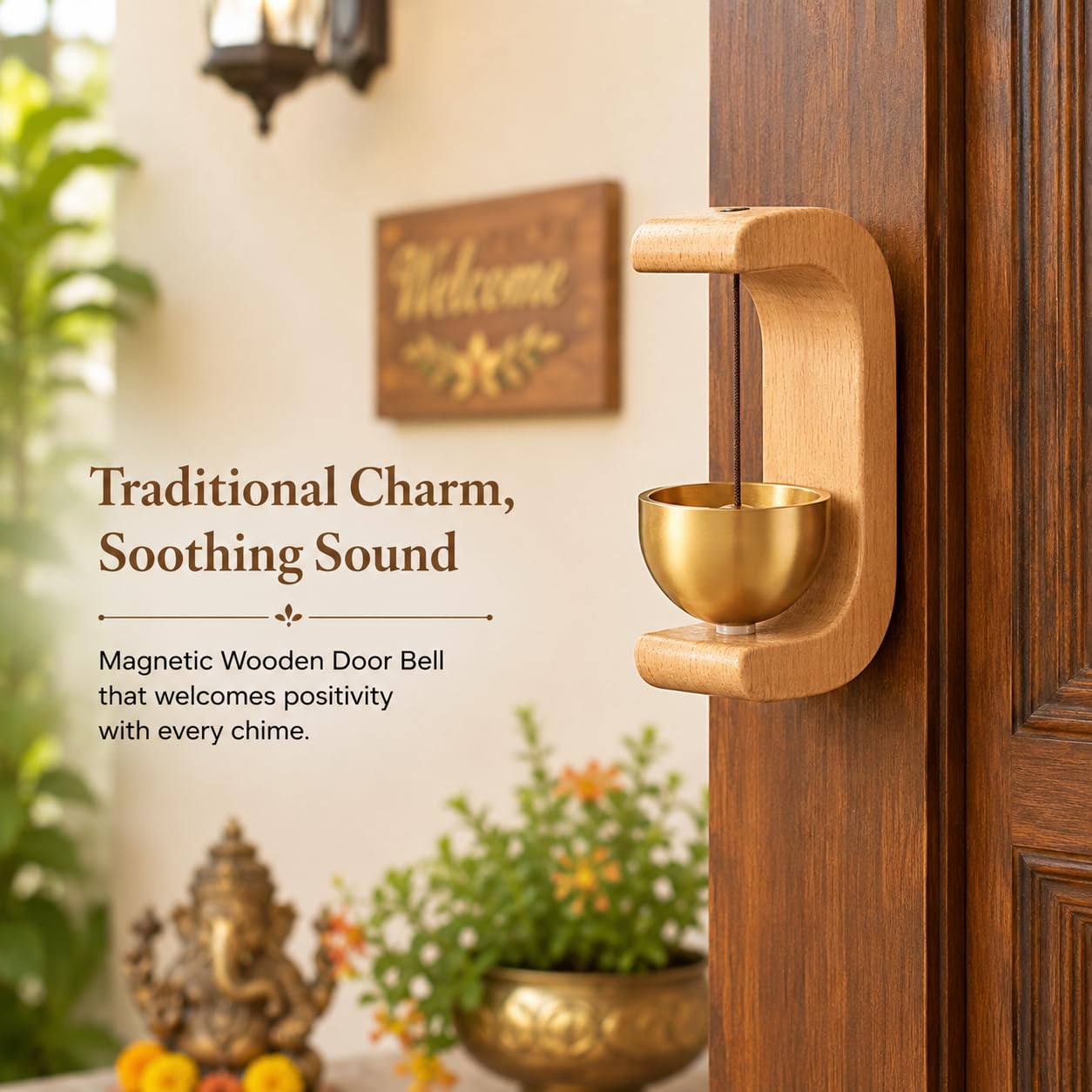 Premium Wooden Brass Bell Chime, Decorative Door Bell with Stand, Handmade Musical Centrepiece