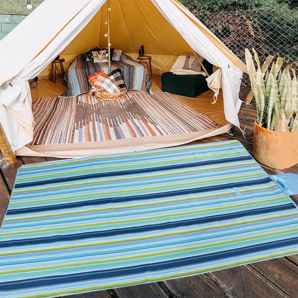 Beach Blanket Outdoor Picnic Blankets Mat 80" x 60" Extra Large Waterproof Sand Proof Camping Blanket Lightweight Folding Portable Travel Blanket for Family Park Beach Grass (Blue Line)