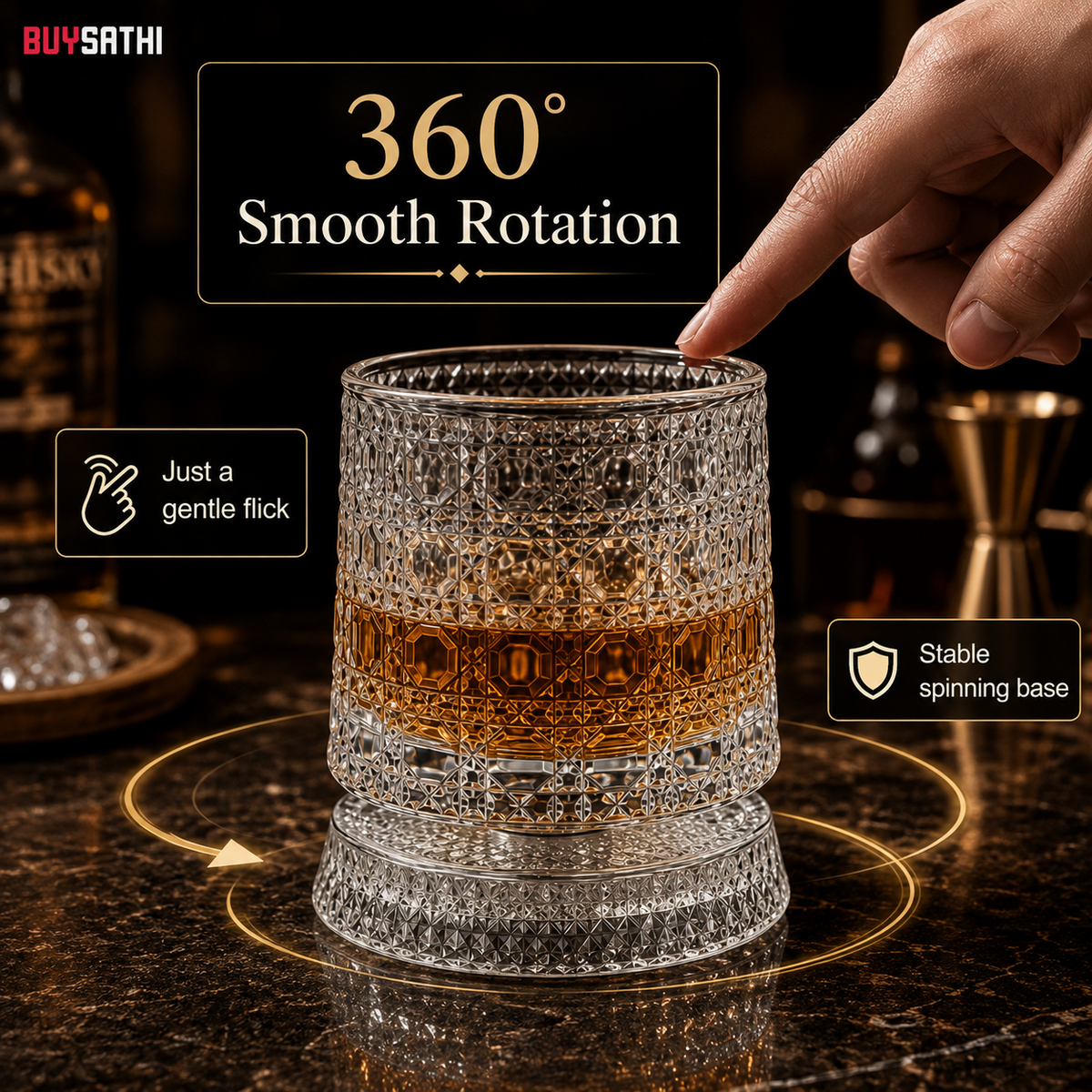 Luxury Rotating Whiskey Glass | Crystal Cut Spinning Whisky Glass with 360 Degree Rotating Coaster | Premium Barware Gift for Men & Whiskey Enthusiasts