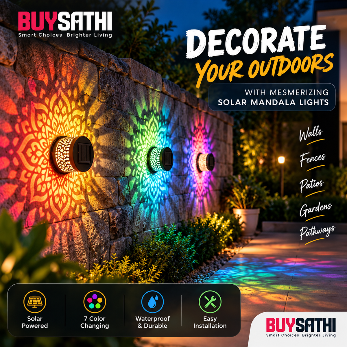 Solar Mandala Lights Outdoor Wall, 7 Color Changing Solar Projector Light, Waterproof Metal Decorative Light for Garden Fence Patio Backyard