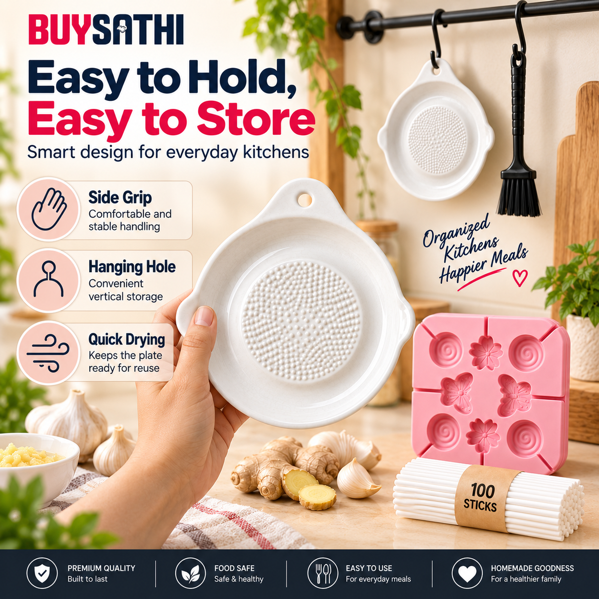 Ceramic Garlic Grater Plate with Brush & 8 Cavity Silicone Lollipop Mould with 100 Free Sticks, Ginger Garlic Turmeric Grater & DIY Candy Chocolate Ice Lollipop Making Mould Combo