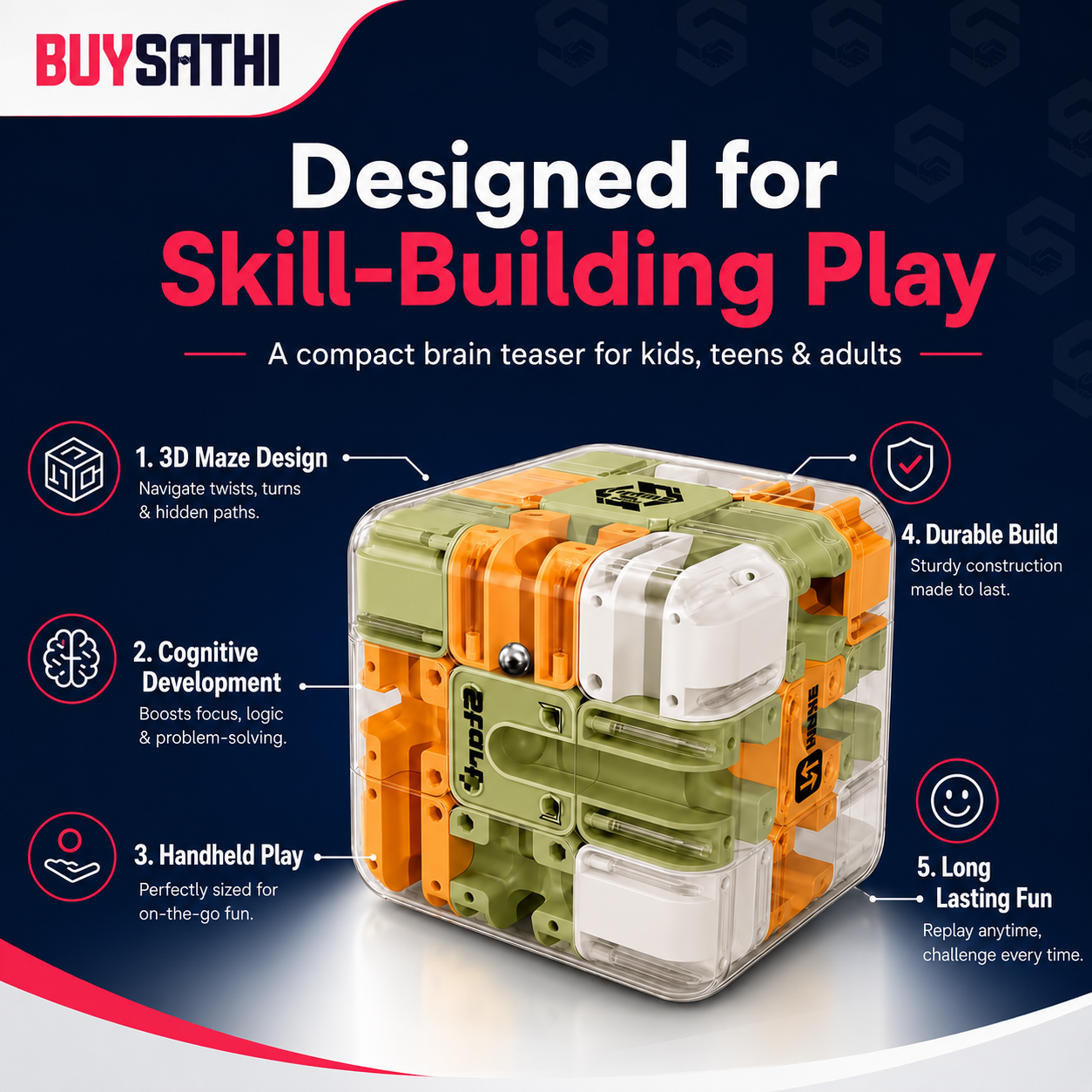 3D Maze Puzzle Cube with Metal Ball Inside - Transparent Handheld Marble Run Brain Teaser Game for Kids & Adults | Focus Skill Development Educational Toy and Stress Relief Challenge