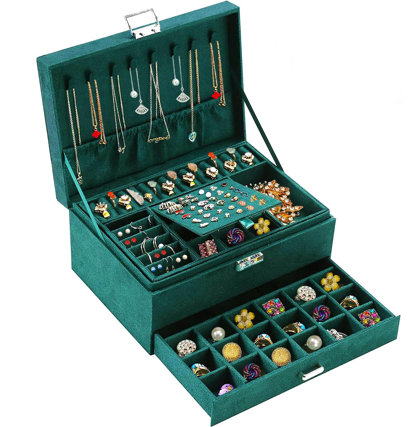 Large Jewellery Organiser with Drawer 3-Layer Velvet Jewellery Boxes/Jewellery Storage Case with Lock for Rings, Necklace And Earrings/Wedding Birthday Gift Box for Women