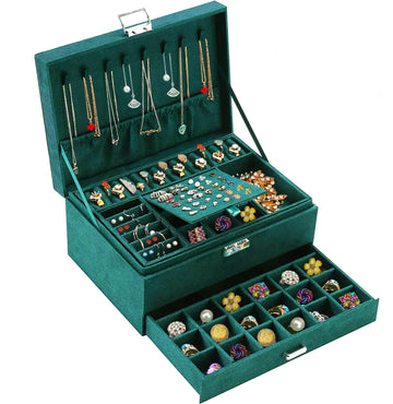 Large Jewellery Organiser with Drawer 3-Layer Velvet Jewellery Boxes/Jewellery Storage Case with Lock for Rings, Necklace And Earrings/Wedding Birthday Gift Box for Women