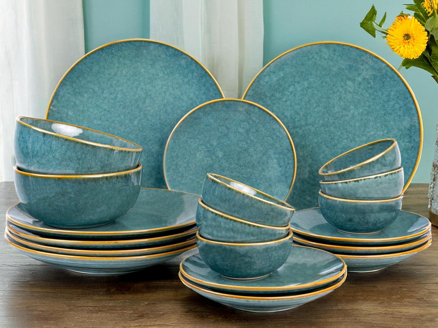 Bodhi House Handcrafted Stoneware Ceramic Dinner Set, 20 Pieces Dish Set Serving for 6, Microwave and Dishwasher Safe, Bone-ash Free, Crockery Set for Dining and Gifting, Ocean Green